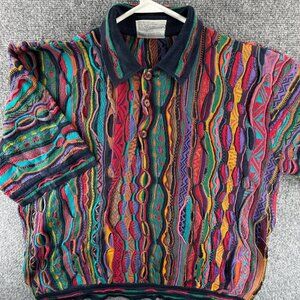 Coogi Australia Sweater Men Knit Medium Colorful Lightweight Collared Cotton